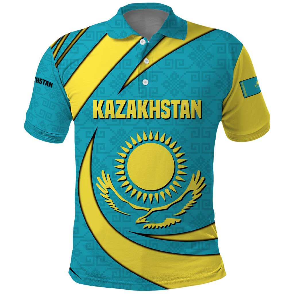 Kazakhstan National Flag Polo Shirt with Mangilik El Bald Eagle and Blue Tribal Pattern