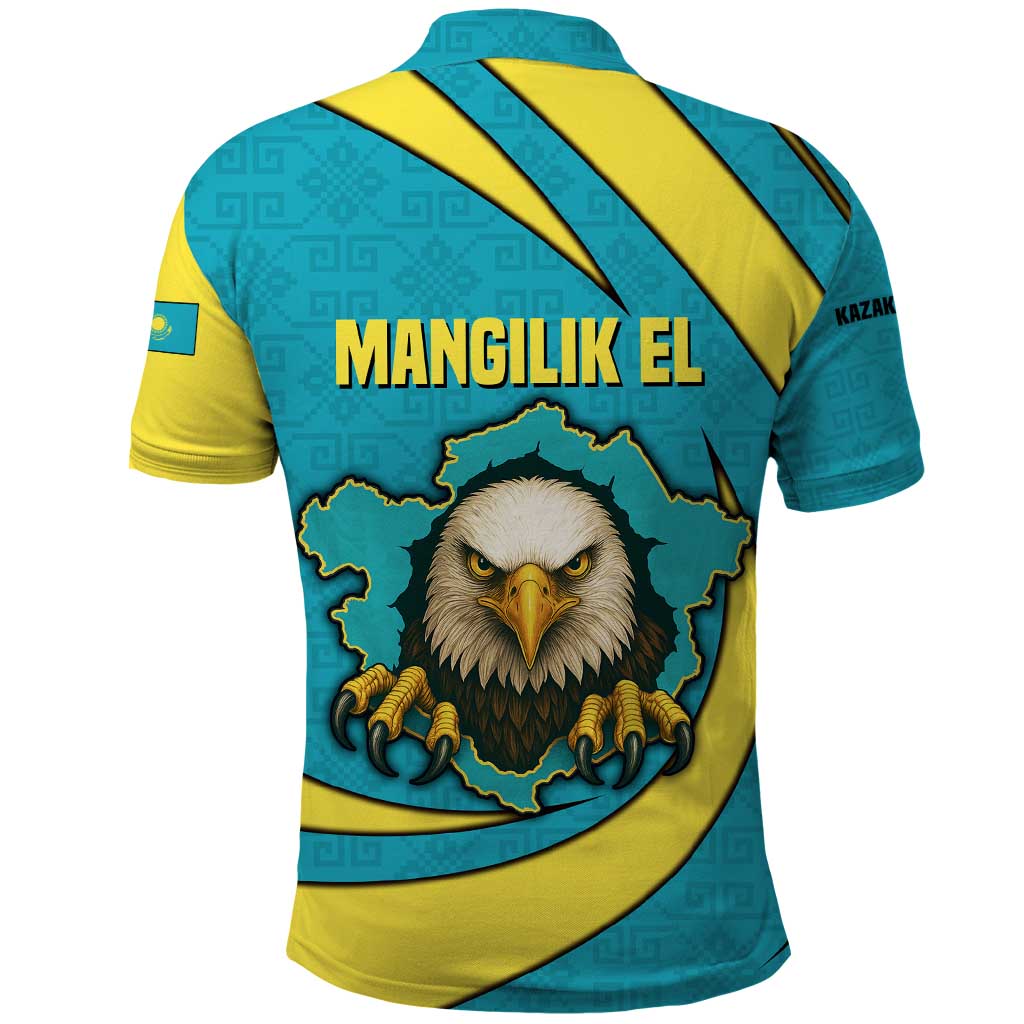 Kazakhstan National Flag Polo Shirt with Mangilik El Bald Eagle and Blue Tribal Pattern