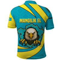 Kazakhstan National Flag Polo Shirt with Mangilik El Bald Eagle and Blue Tribal Pattern