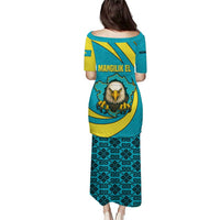 Kazakhstan National Flag Puletasi with Mangilik El Bald Eagle and Blue Tribal Pattern