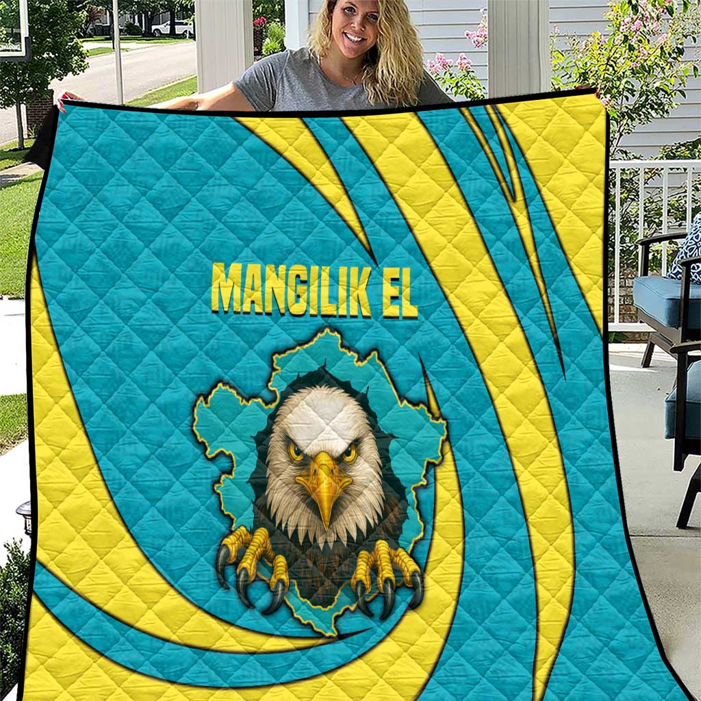 Kazakhstan National Flag Quilt with Mangilik El Bald Eagle and Blue Tribal Pattern