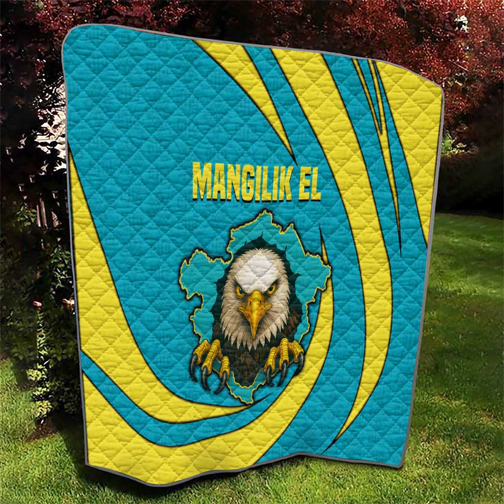 Kazakhstan National Flag Quilt with Mangilik El Bald Eagle and Blue Tribal Pattern