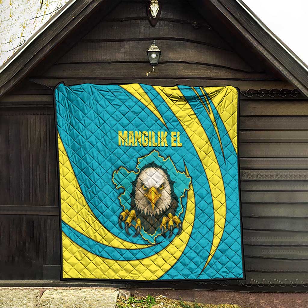 Kazakhstan National Flag Quilt with Mangilik El Bald Eagle and Blue Tribal Pattern