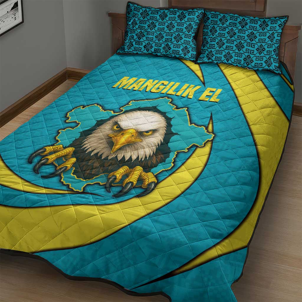 Kazakhstan National Flag Quilt Bed Set with Mangilik El Bald Eagle and Blue Tribal Pattern