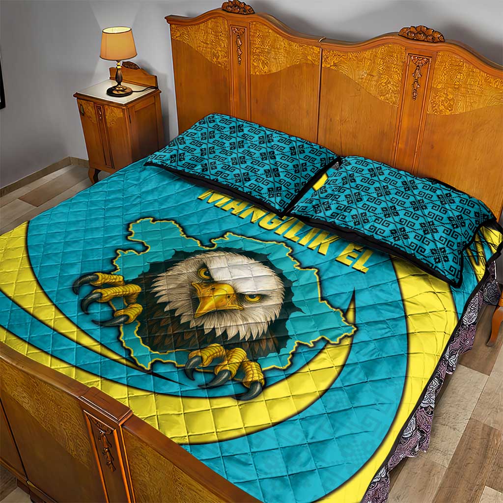 Kazakhstan National Flag Quilt Bed Set with Mangilik El Bald Eagle and Blue Tribal Pattern