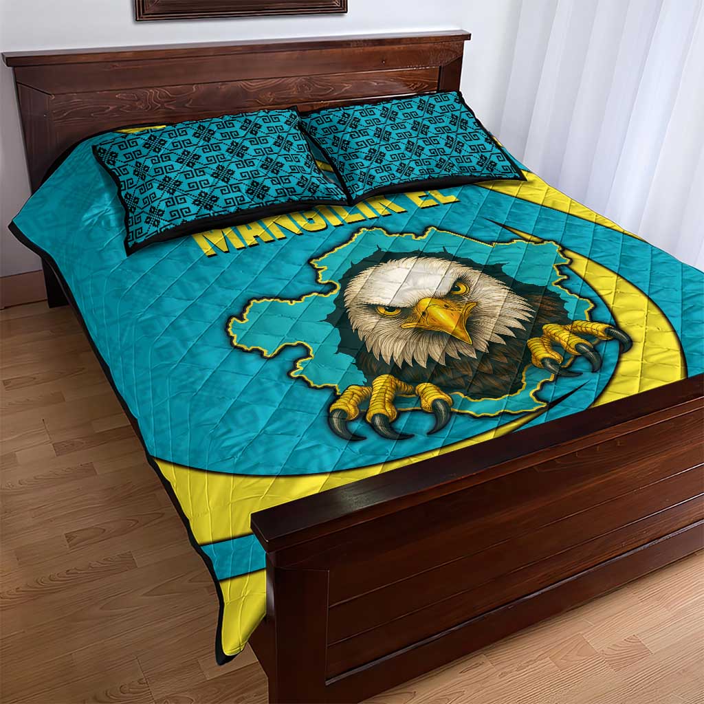 Kazakhstan National Flag Quilt Bed Set with Mangilik El Bald Eagle and Blue Tribal Pattern
