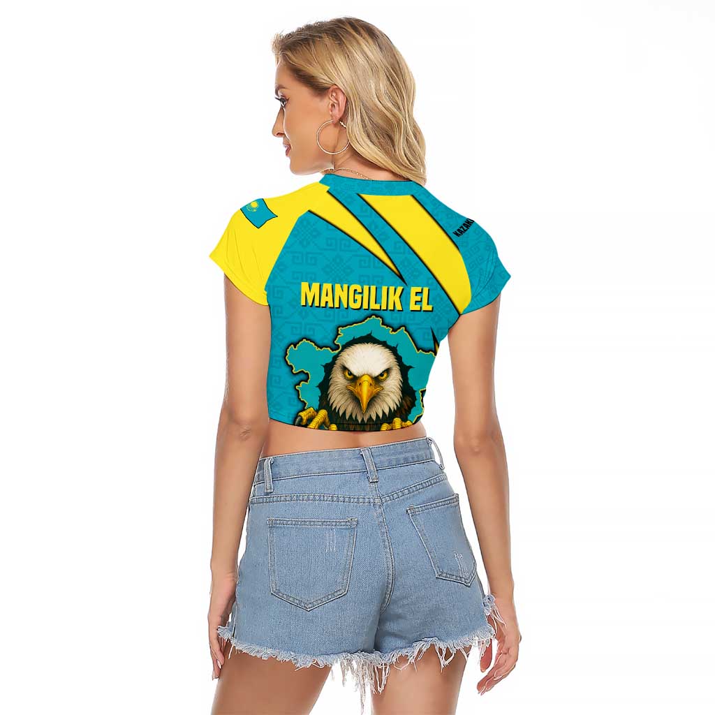Kazakhstan National Flag Raglan Cropped T Shirt with Mangilik El Bald Eagle and Blue Tribal Pattern