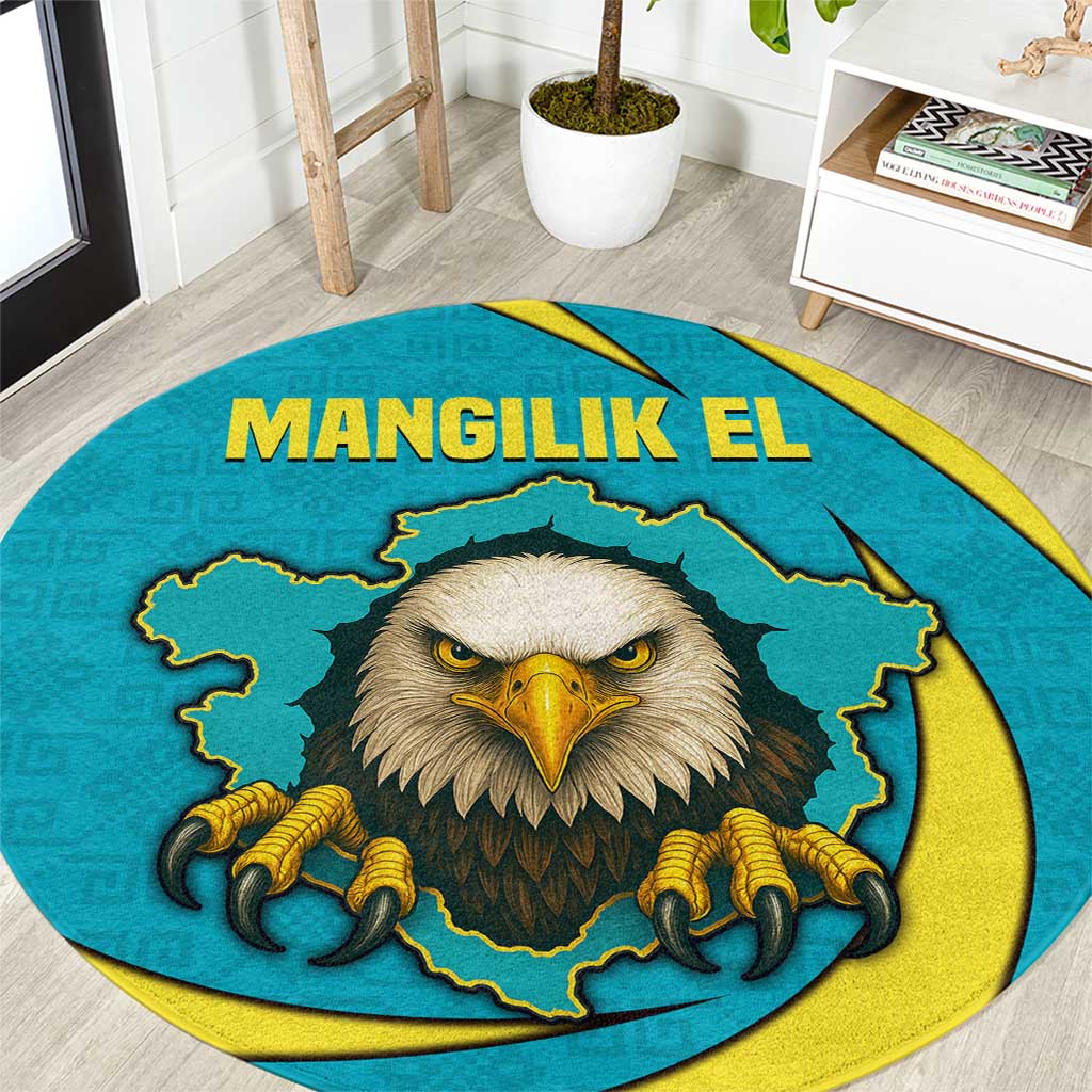 Kazakhstan National Flag Round Carpet with Mangilik El Bald Eagle and Blue Tribal Pattern