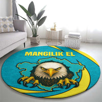 Kazakhstan National Flag Round Carpet with Mangilik El Bald Eagle and Blue Tribal Pattern