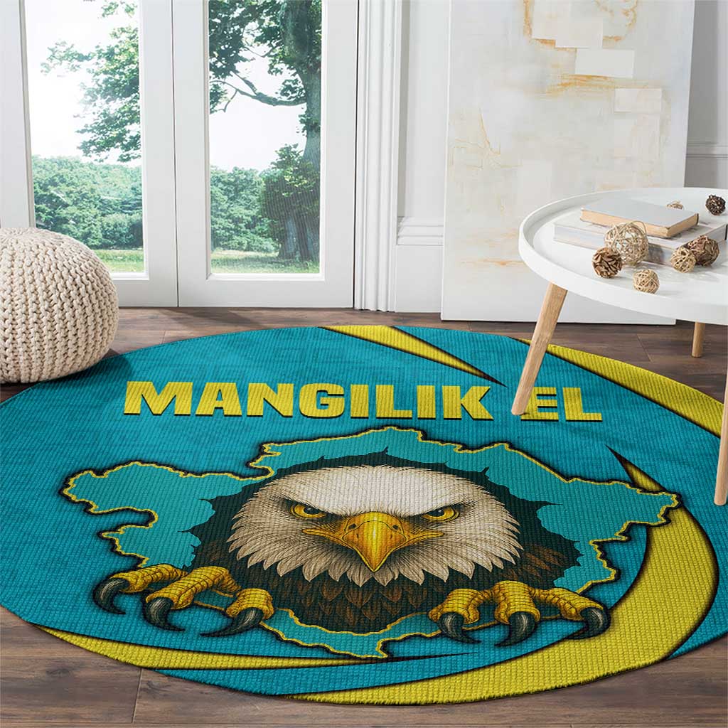 Kazakhstan National Flag Round Carpet with Mangilik El Bald Eagle and Blue Tribal Pattern