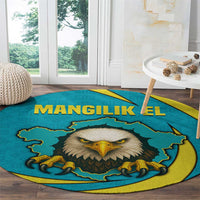 Kazakhstan National Flag Round Carpet with Mangilik El Bald Eagle and Blue Tribal Pattern