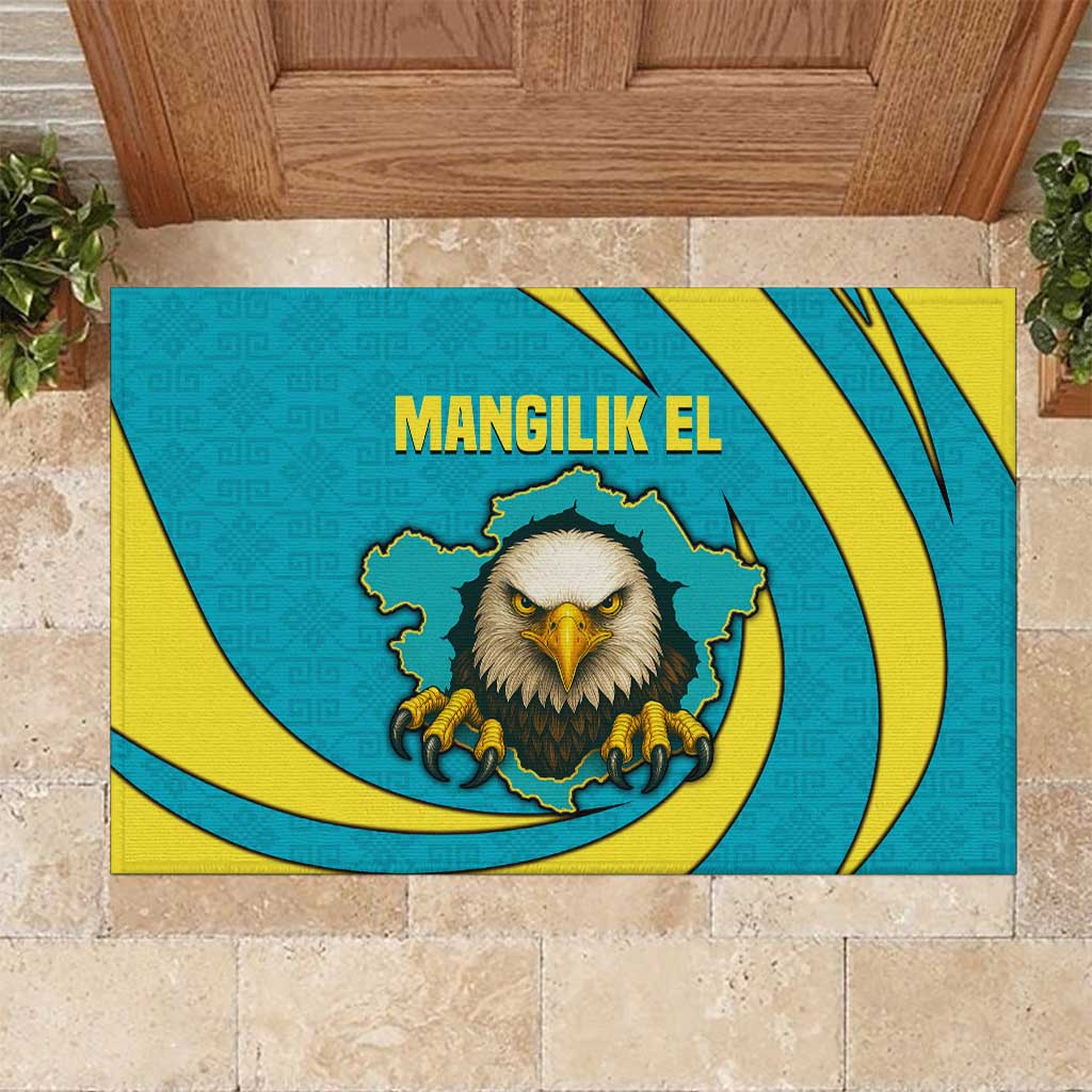 Kazakhstan National Flag Rubber Doormat with Mangilik El Bald Eagle and Blue Tribal Pattern
