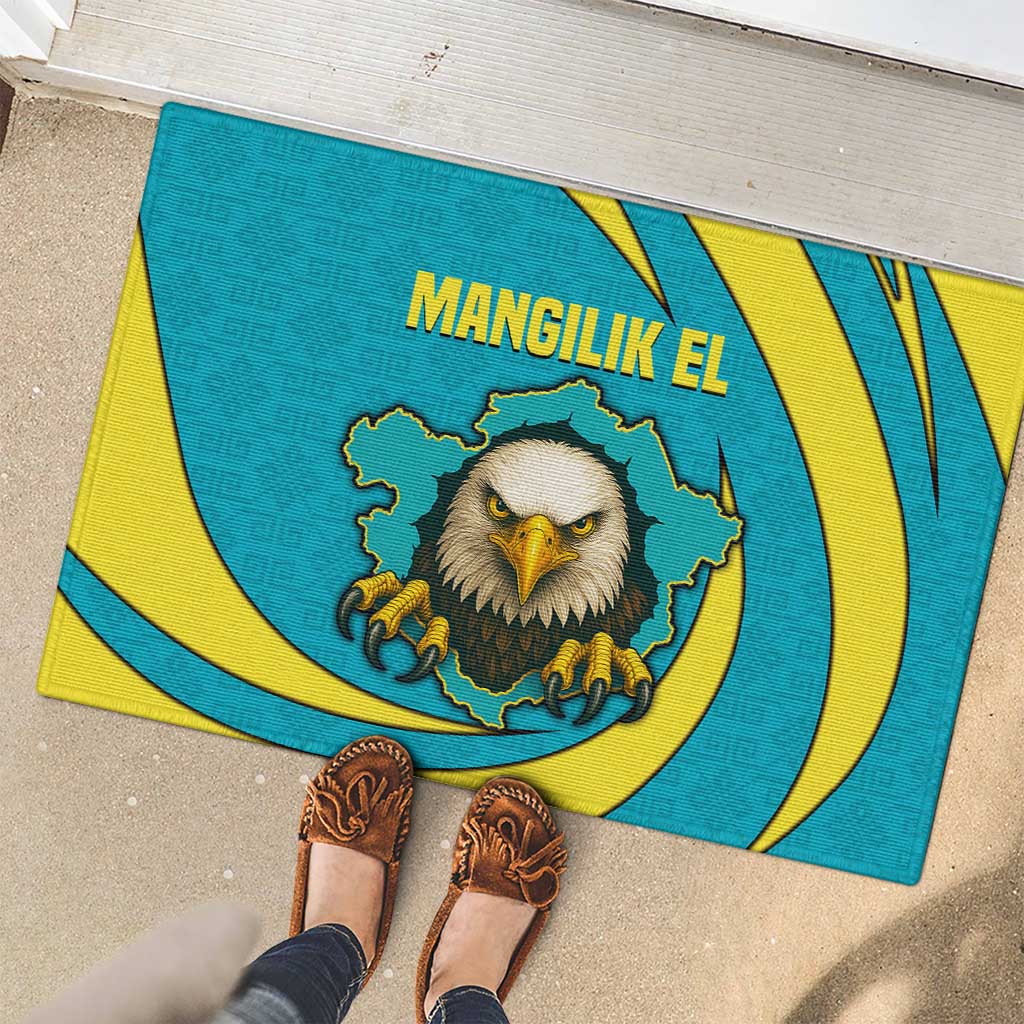 Kazakhstan National Flag Rubber Doormat with Mangilik El Bald Eagle and Blue Tribal Pattern