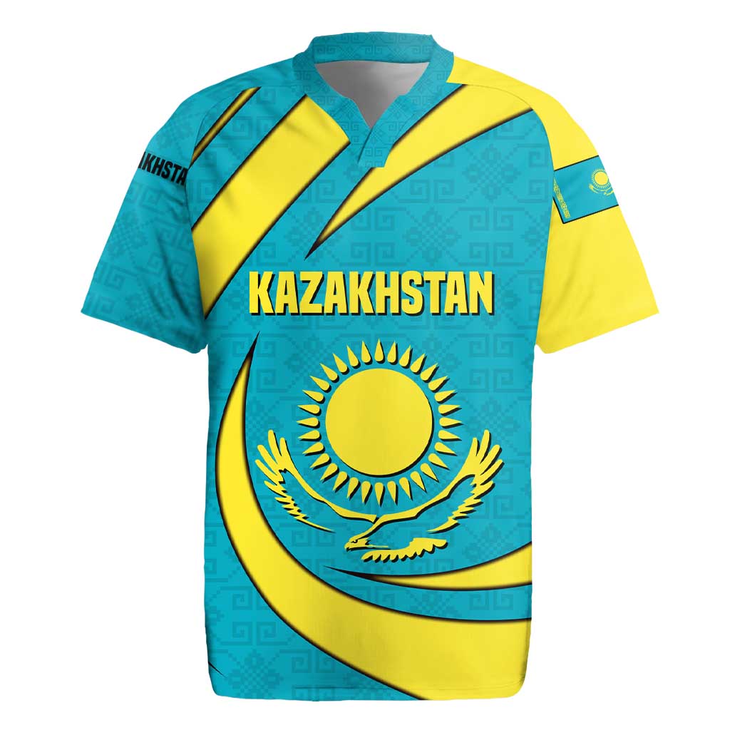 Kazakhstan National Flag Rugby Jersey with Mangilik El Bald Eagle and Blue Tribal Pattern