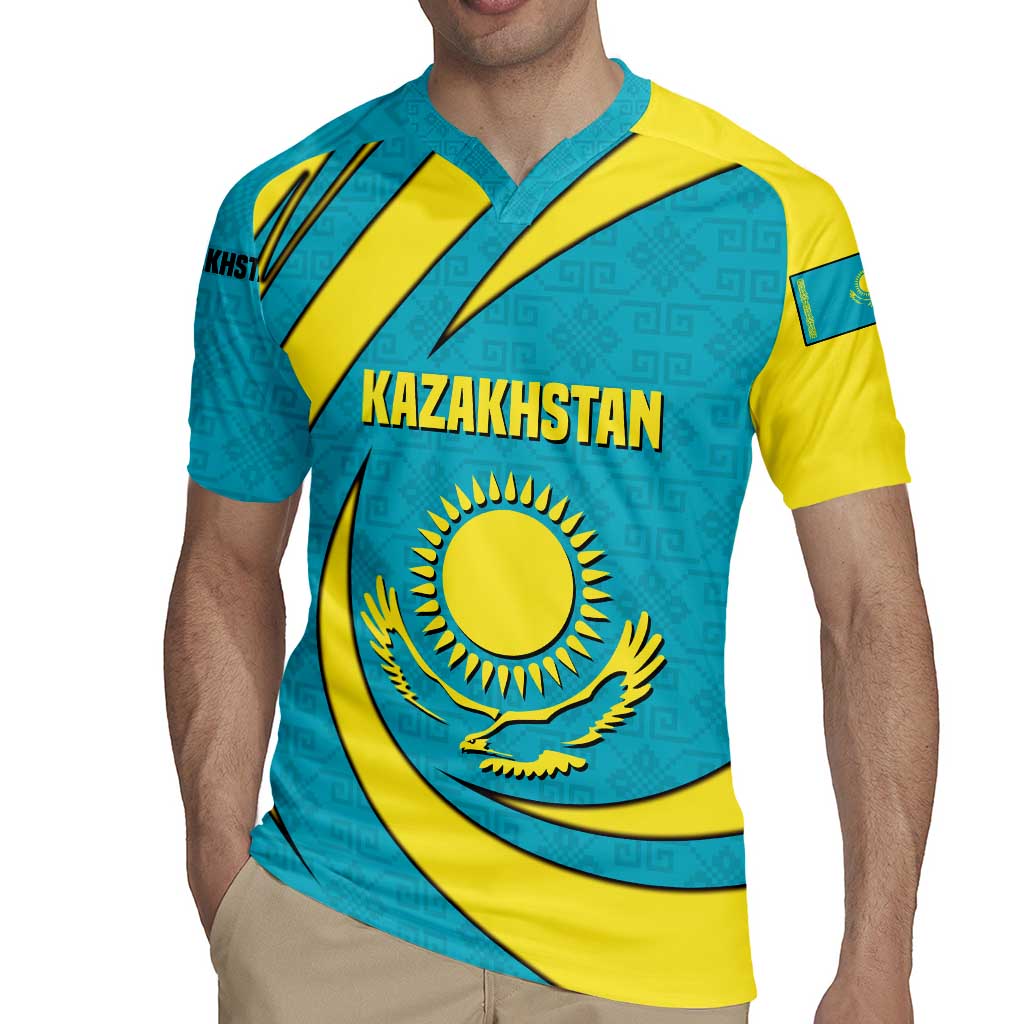Kazakhstan National Flag Rugby Jersey with Mangilik El Bald Eagle and Blue Tribal Pattern