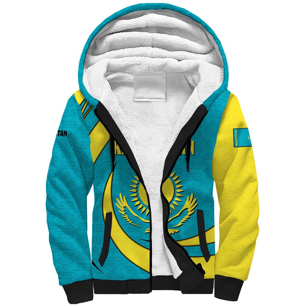 Kazakhstan National Flag Sherpa Hoodie with Mangilik El Bald Eagle and Blue Tribal Pattern