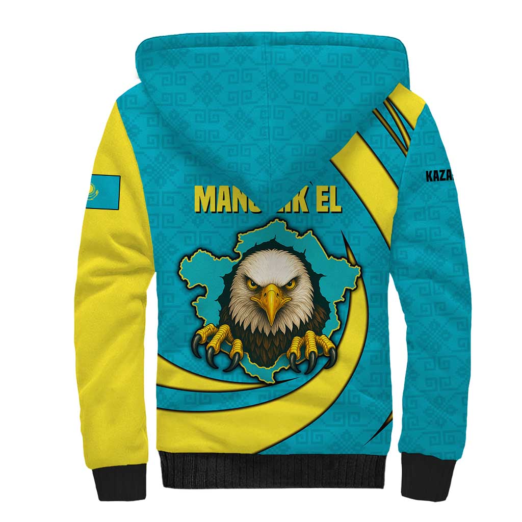 Kazakhstan National Flag Sherpa Hoodie with Mangilik El Bald Eagle and Blue Tribal Pattern