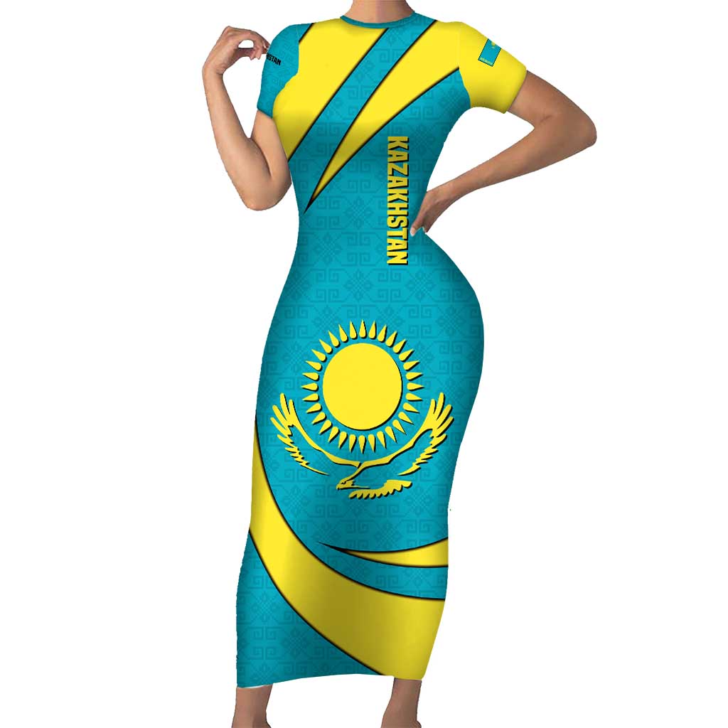 Kazakhstan National Flag Short Sleeve Bodycon Dress with Mangilik El Bald Eagle and Blue Tribal Pattern