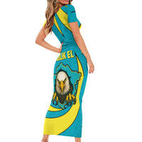 Kazakhstan National Flag Short Sleeve Bodycon Dress with Mangilik El Bald Eagle and Blue Tribal Pattern