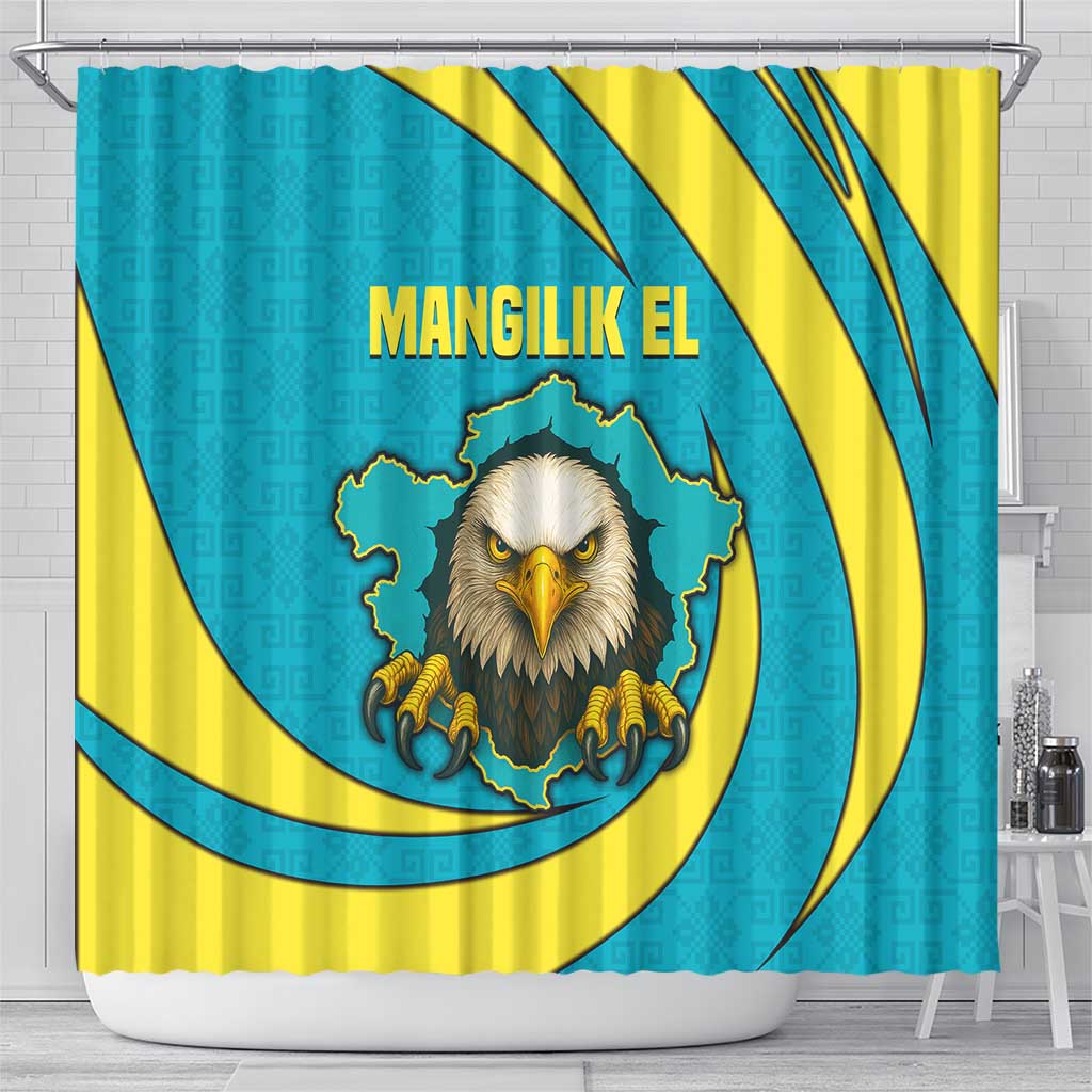 Kazakhstan National Flag Shower Curtain with Mangilik El Bald Eagle and Blue Tribal Pattern