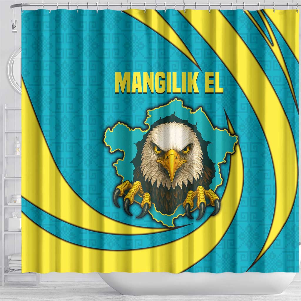Kazakhstan National Flag Shower Curtain with Mangilik El Bald Eagle and Blue Tribal Pattern