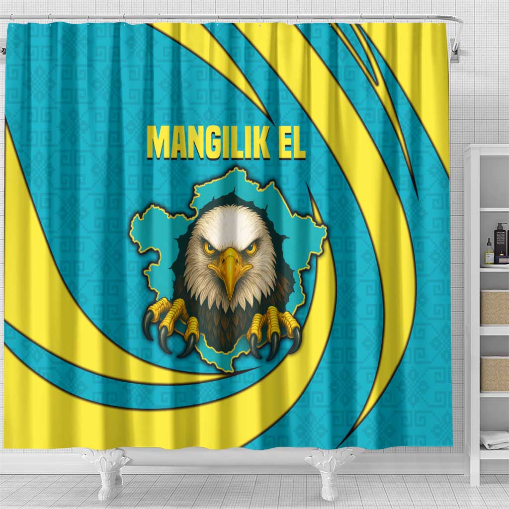 Kazakhstan National Flag Shower Curtain with Mangilik El Bald Eagle and Blue Tribal Pattern
