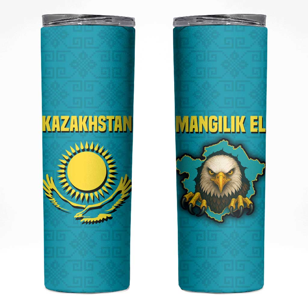 Kazakhstan National Flag Skinny Tumbler with Mangilik El Bald Eagle and Blue Tribal Pattern