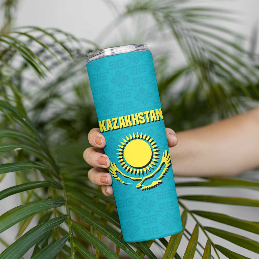 Kazakhstan National Flag Skinny Tumbler with Mangilik El Bald Eagle and Blue Tribal Pattern