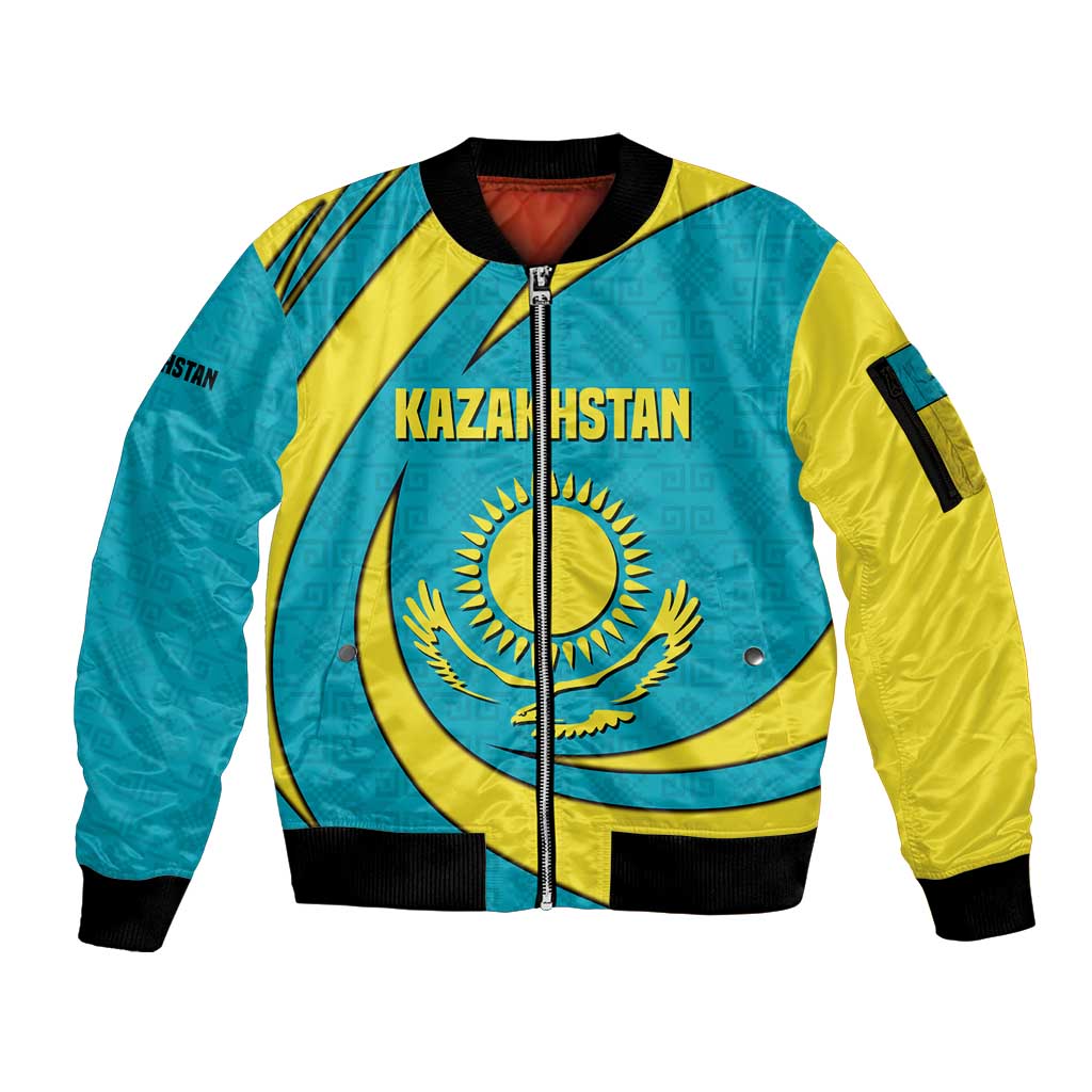 Kazakhstan National Flag Sleeve Zip Bomber Jacket with Mangilik El Bald Eagle and Blue Tribal Pattern