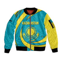Kazakhstan National Flag Sleeve Zip Bomber Jacket with Mangilik El Bald Eagle and Blue Tribal Pattern