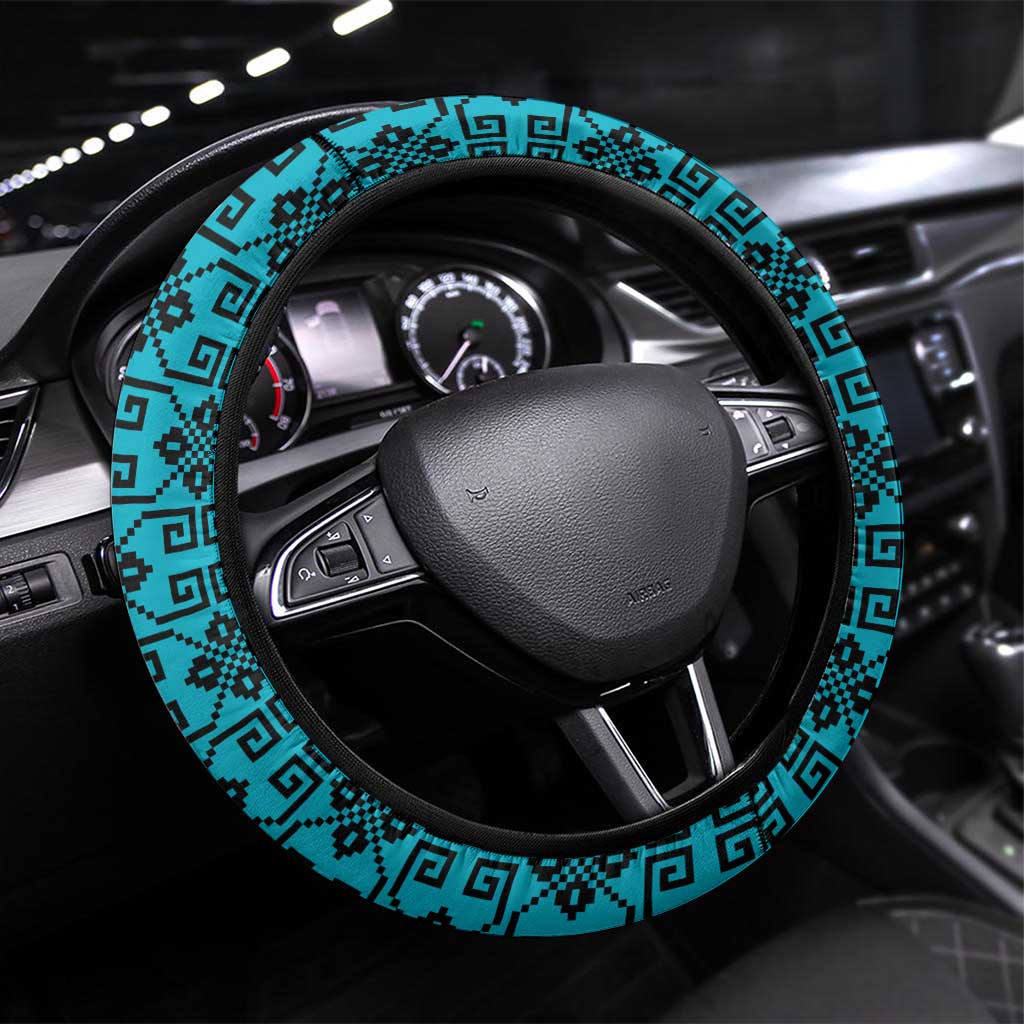 Kazakhstan National Flag Steering Wheel Cover with Mangilik El Bald Eagle and Blue Tribal Pattern
