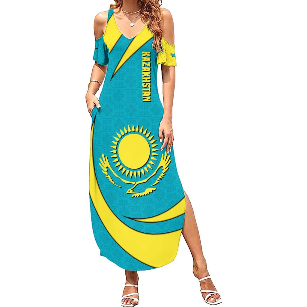 Kazakhstan National Flag Summer Maxi Dress with Mangilik El Bald Eagle and Blue Tribal Pattern