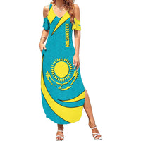 Kazakhstan National Flag Summer Maxi Dress with Mangilik El Bald Eagle and Blue Tribal Pattern