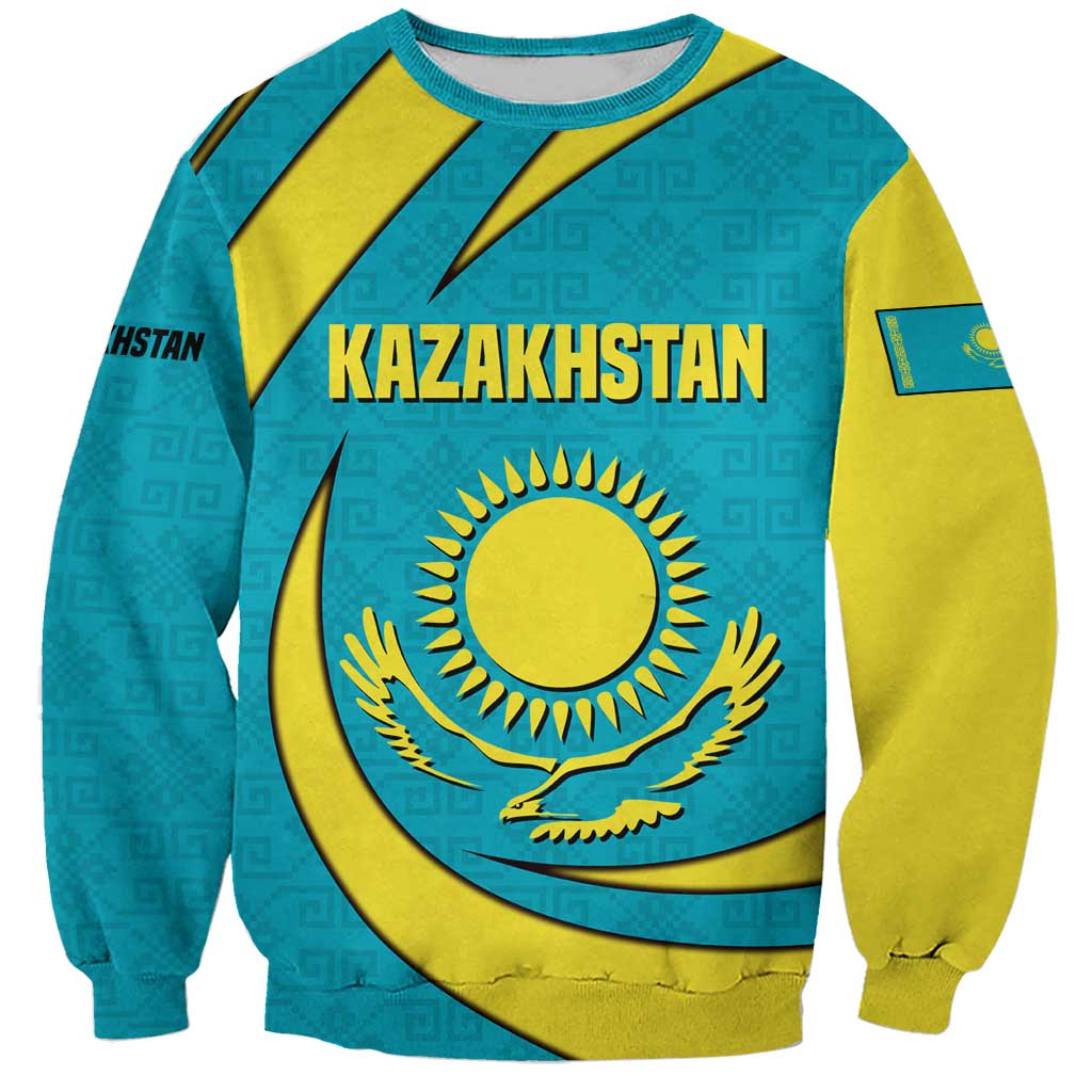 Kazakhstan National Flag Sweatshirt with Mangilik El Bald Eagle and Blue Tribal Pattern