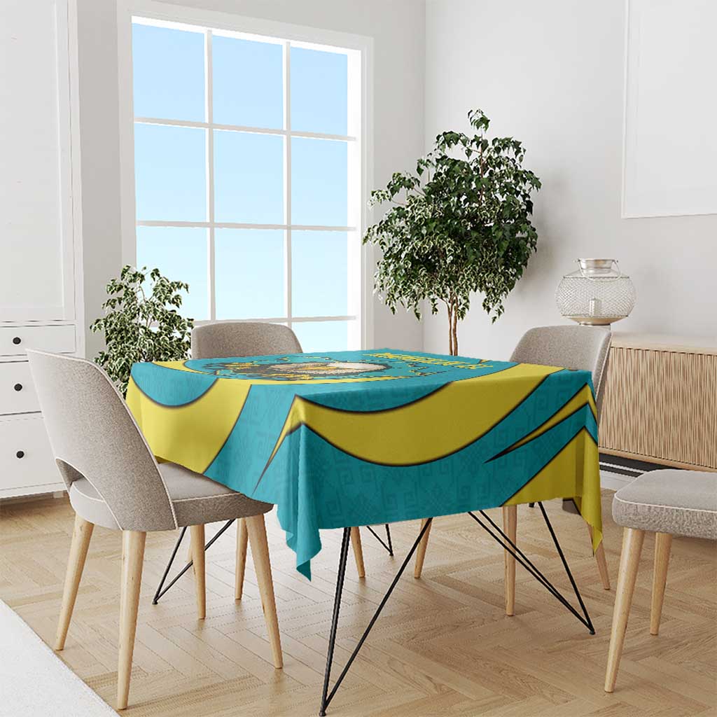 Kazakhstan National Flag Tablecloth with Mangilik El Bald Eagle and Blue Tribal Pattern