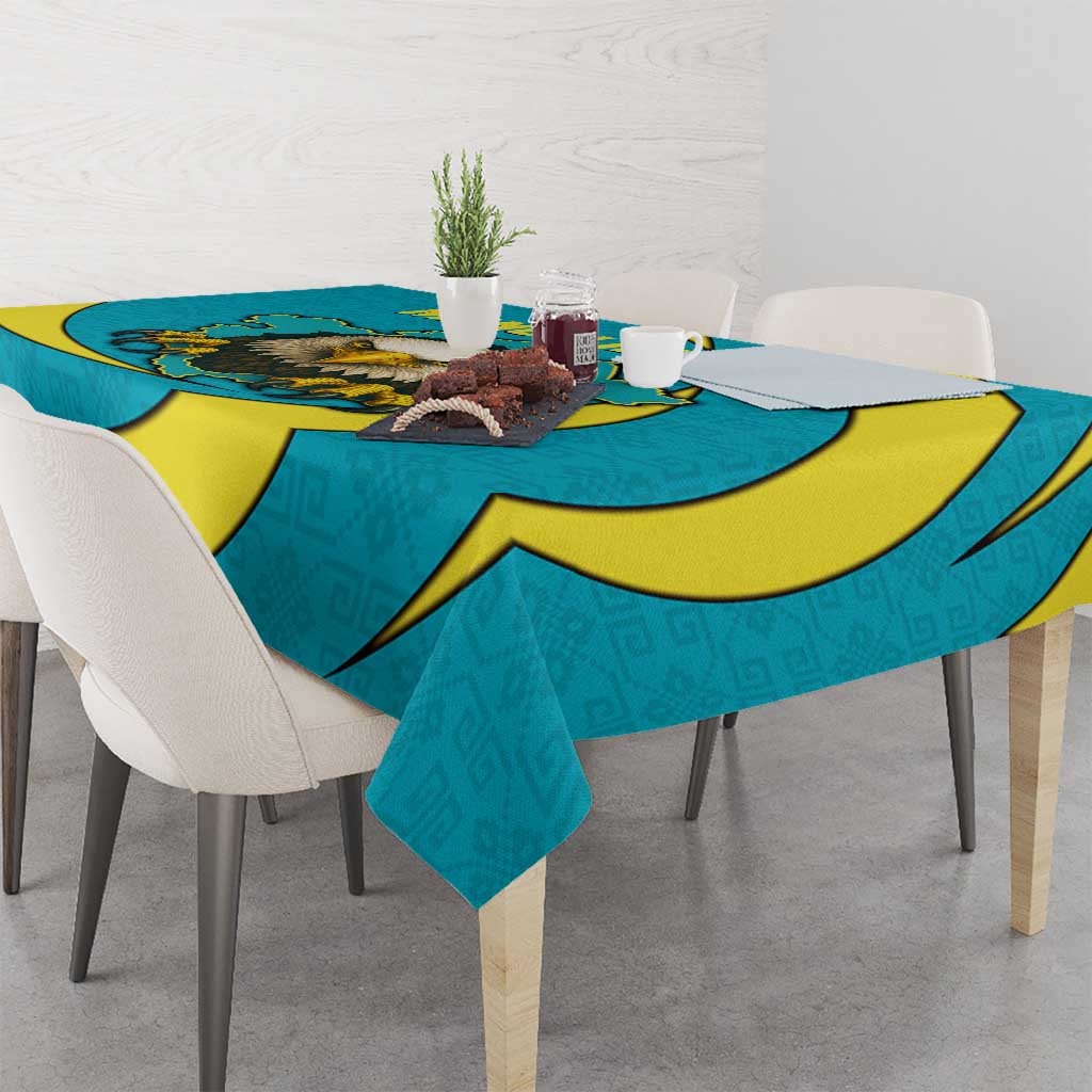 Kazakhstan National Flag Tablecloth with Mangilik El Bald Eagle and Blue Tribal Pattern