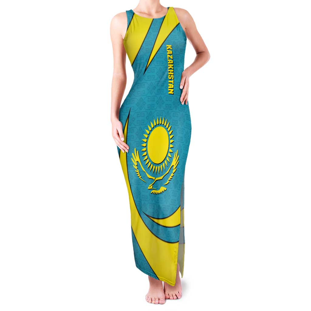 Kazakhstan National Flag Tank Maxi Dress with Mangilik El Bald Eagle and Blue Tribal Pattern