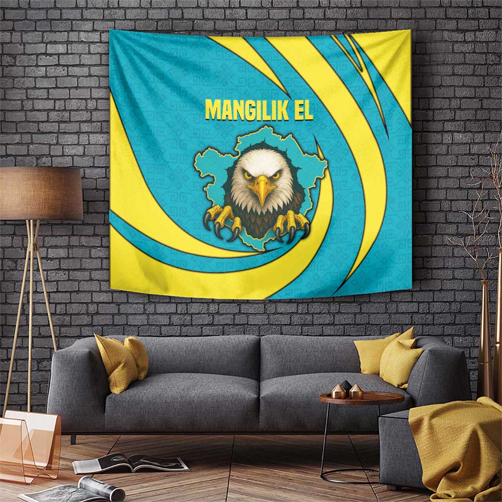 Kazakhstan National Flag Tapestry with Mangilik El Bald Eagle and Blue Tribal Pattern