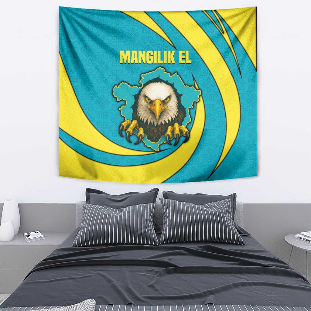 Kazakhstan National Flag Tapestry with Mangilik El Bald Eagle and Blue Tribal Pattern