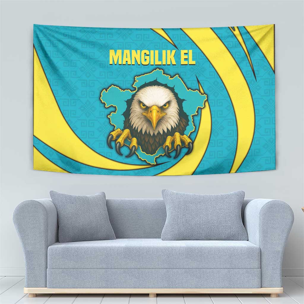 Kazakhstan National Flag Tapestry with Mangilik El Bald Eagle and Blue Tribal Pattern
