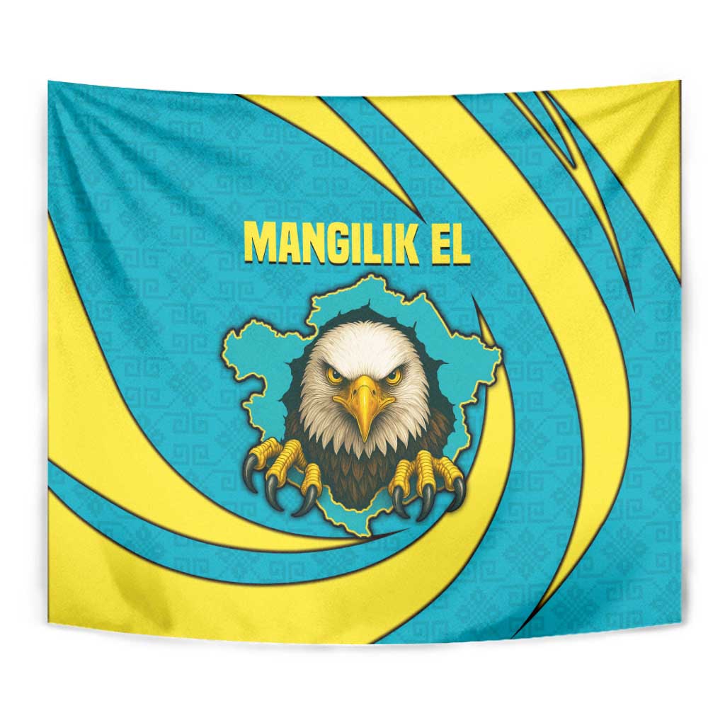 Kazakhstan National Flag Tapestry with Mangilik El Bald Eagle and Blue Tribal Pattern