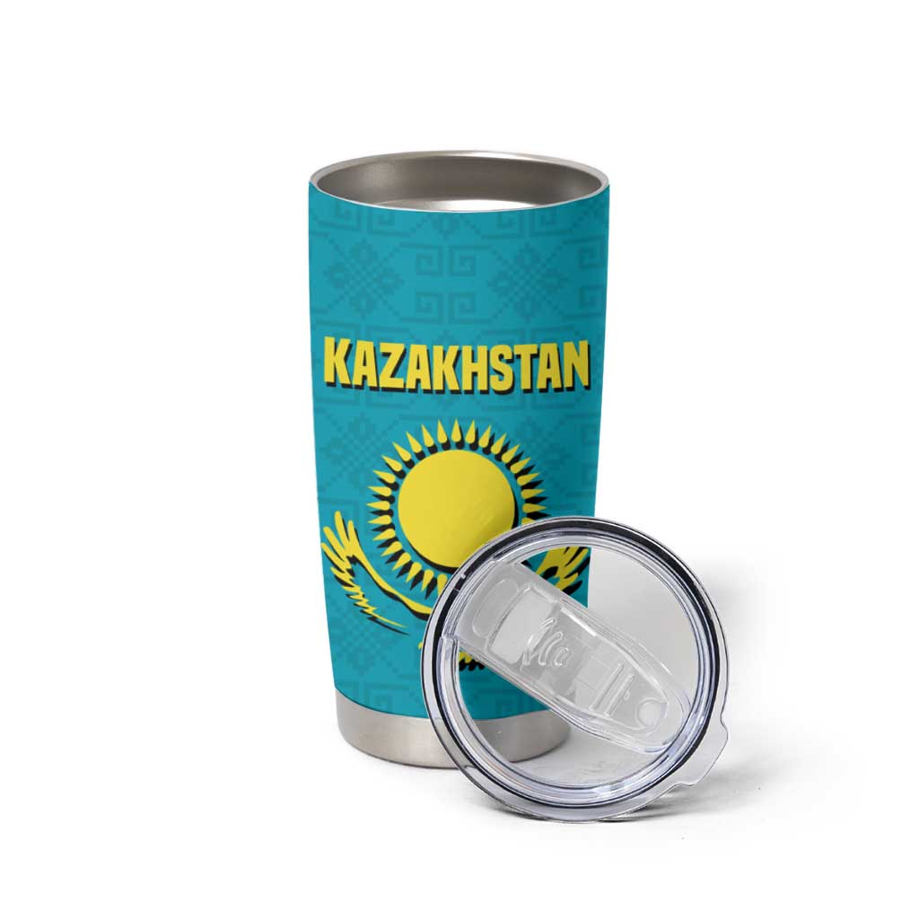 Kazakhstan National Flag Tumbler Cup with Mangilik El Bald Eagle and Blue Tribal Pattern