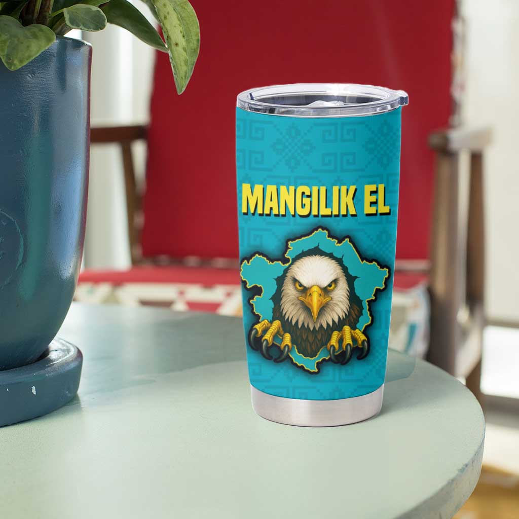 Kazakhstan National Flag Tumbler Cup with Mangilik El Bald Eagle and Blue Tribal Pattern