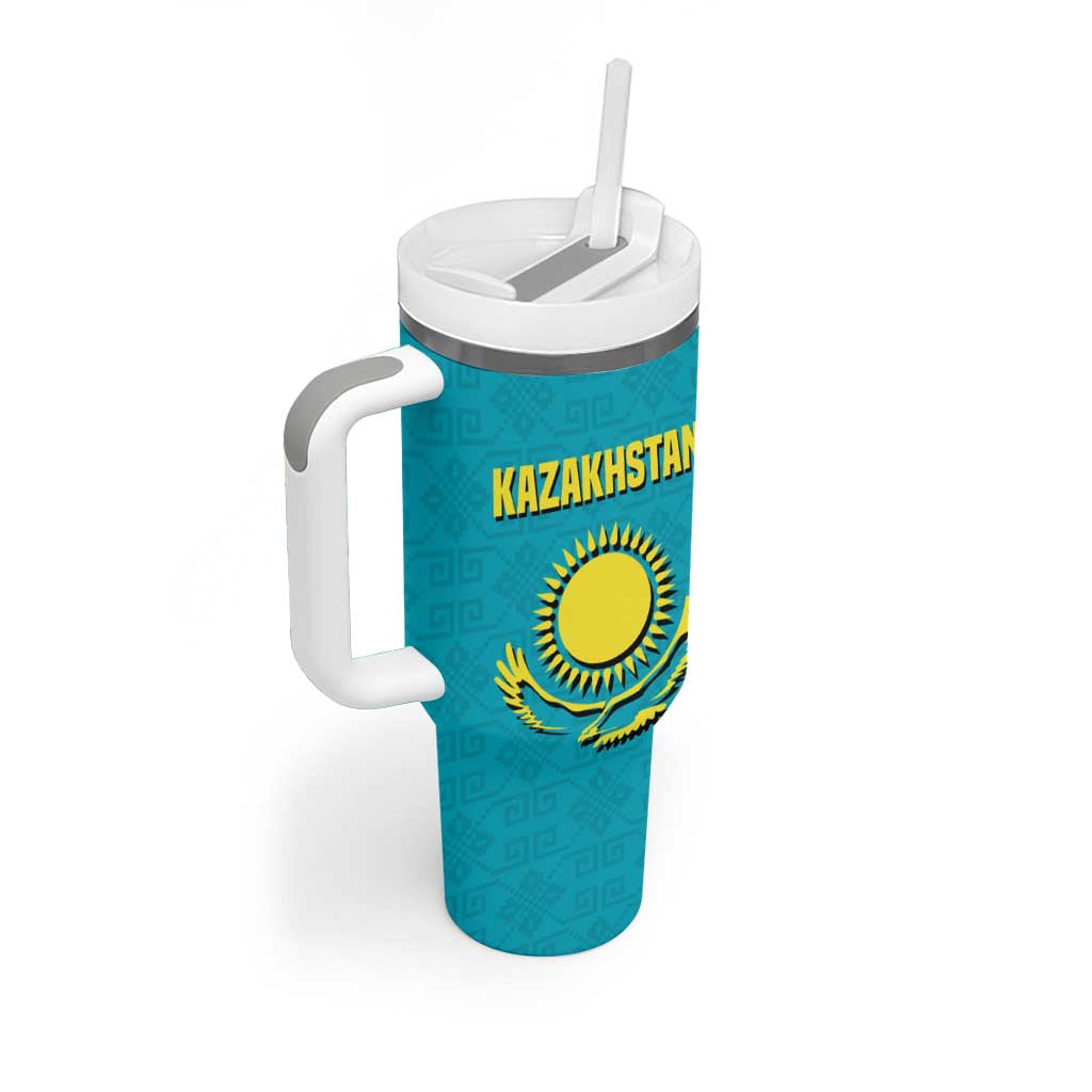 Kazakhstan National Flag Tumbler With Handle with Mangilik El Bald Eagle and Blue Tribal Pattern