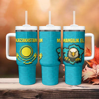 Kazakhstan National Flag Tumbler With Handle with Mangilik El Bald Eagle and Blue Tribal Pattern