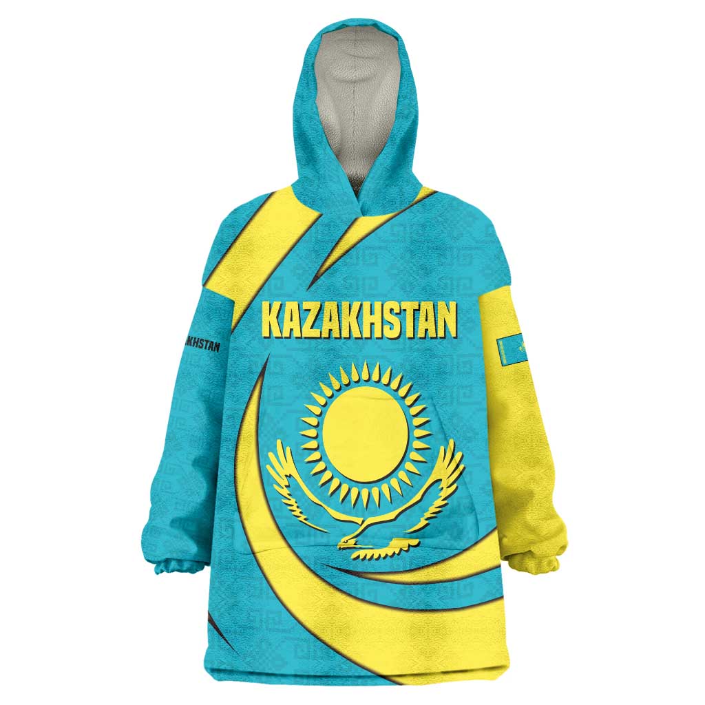 Kazakhstan National Flag Wearable Blanket Hoodie with Mangilik El Bald Eagle and Blue Tribal Pattern