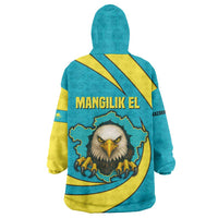 Kazakhstan National Flag Wearable Blanket Hoodie with Mangilik El Bald Eagle and Blue Tribal Pattern