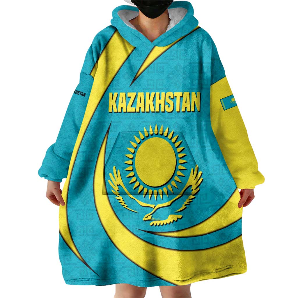 Kazakhstan National Flag Wearable Blanket Hoodie with Mangilik El Bald Eagle and Blue Tribal Pattern