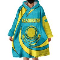 Kazakhstan National Flag Wearable Blanket Hoodie with Mangilik El Bald Eagle and Blue Tribal Pattern