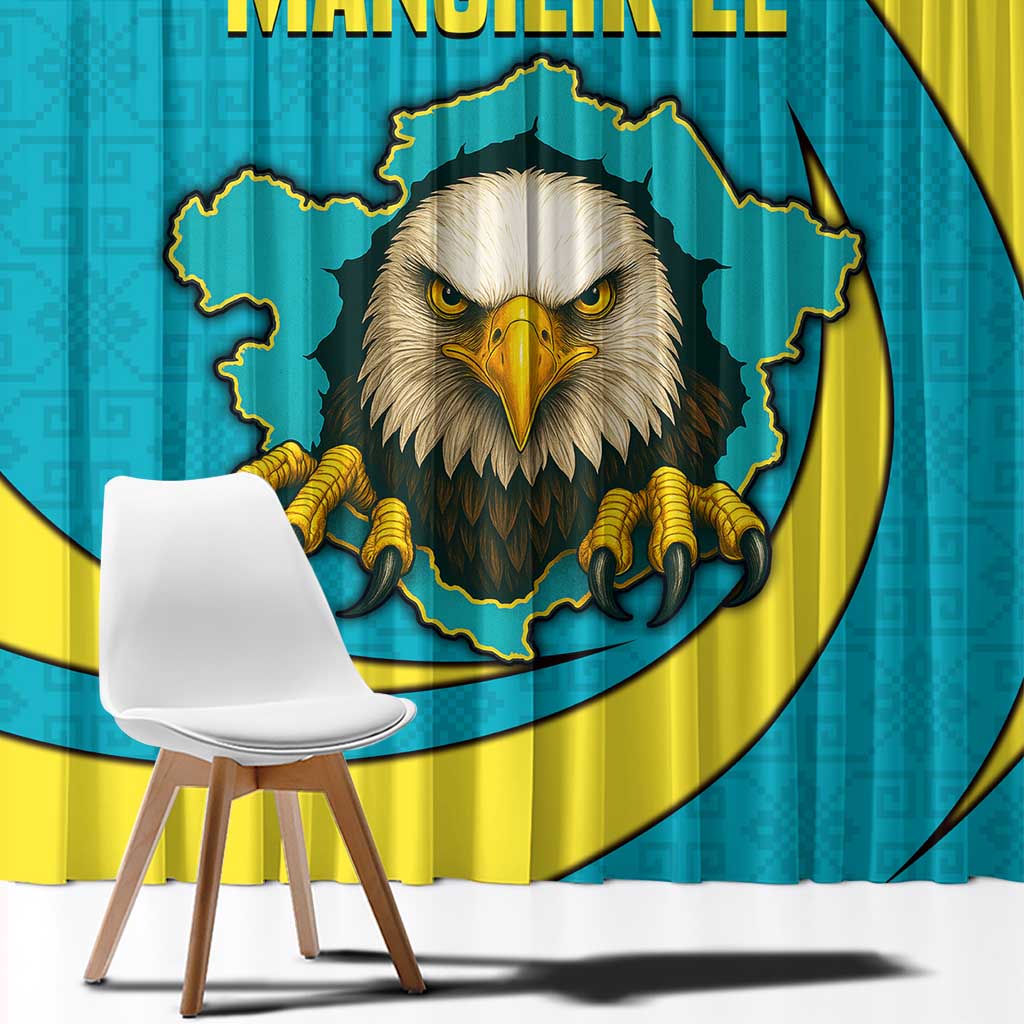 Kazakhstan National Flag Window Curtain with Mangilik El Bald Eagle and Blue Tribal Pattern